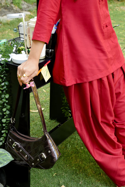 Cleo maroon linen 2-piece kurta shalwar with mandarin collar by Rang Barsay - view 6