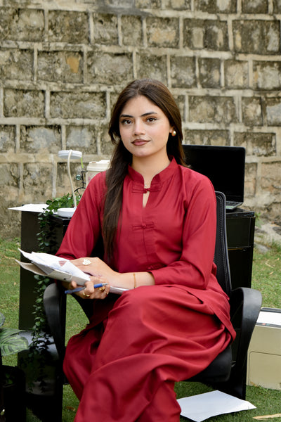 Cleo maroon linen 2-piece kurta shalwar with mandarin collar by Rang Barsay - view 3