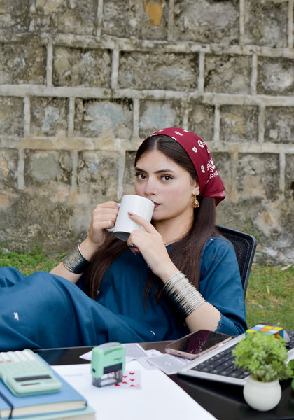 Doodle teal linen kurta shalwar with white star embroidery and lace sleeves by Rang Barsay - view 4