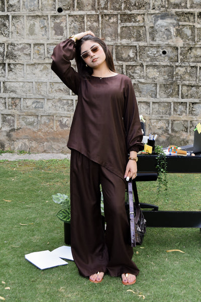 Koa chocolate brown linen co-ord set with balloon sleeves and wide-leg trousers by Rang Barsay