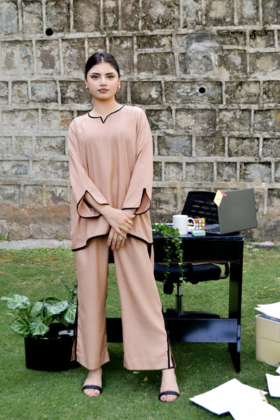 Zen beige linen co-ord set with black piping and wide-leg trousers by Rang Barsay - view 4