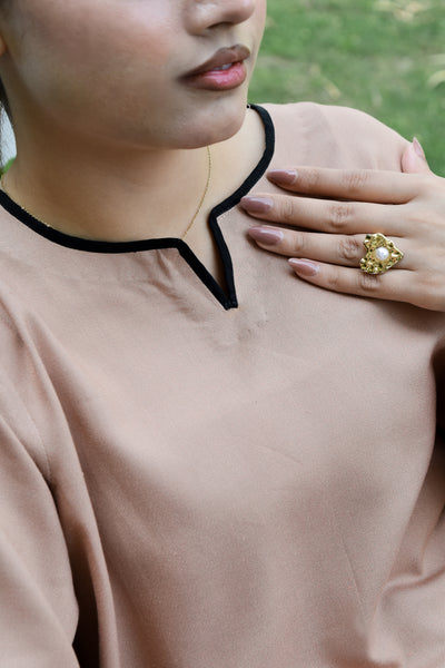 Zen beige linen co-ord set with black piping and wide-leg trousers by Rang Barsay - view 6